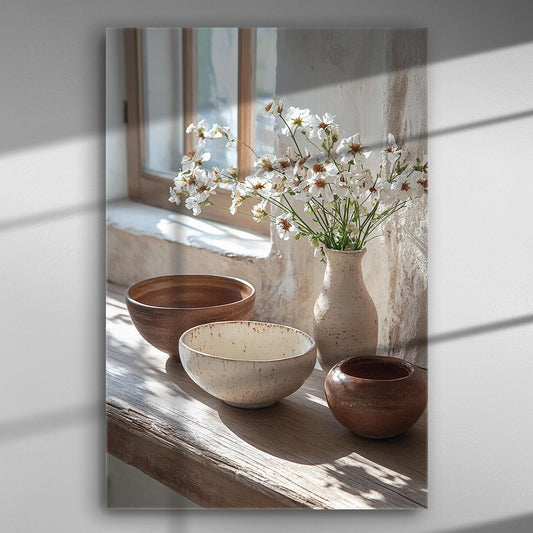 A window scene with sunlight, wildflowers in a vase, and ceramic bowls on a wooden surface.