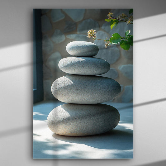 Balanced stones stack on a canvas representing tranquility.