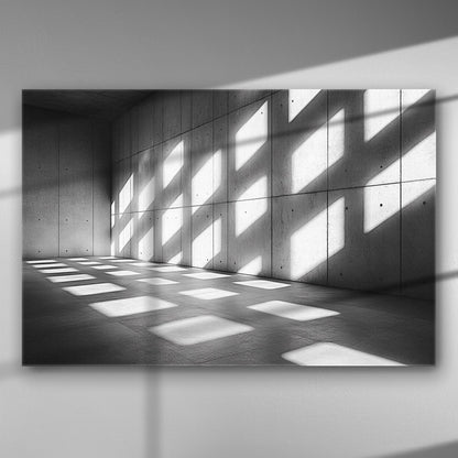 Black and white geometric shadows cast on a wall, minimalist art piece canvas.