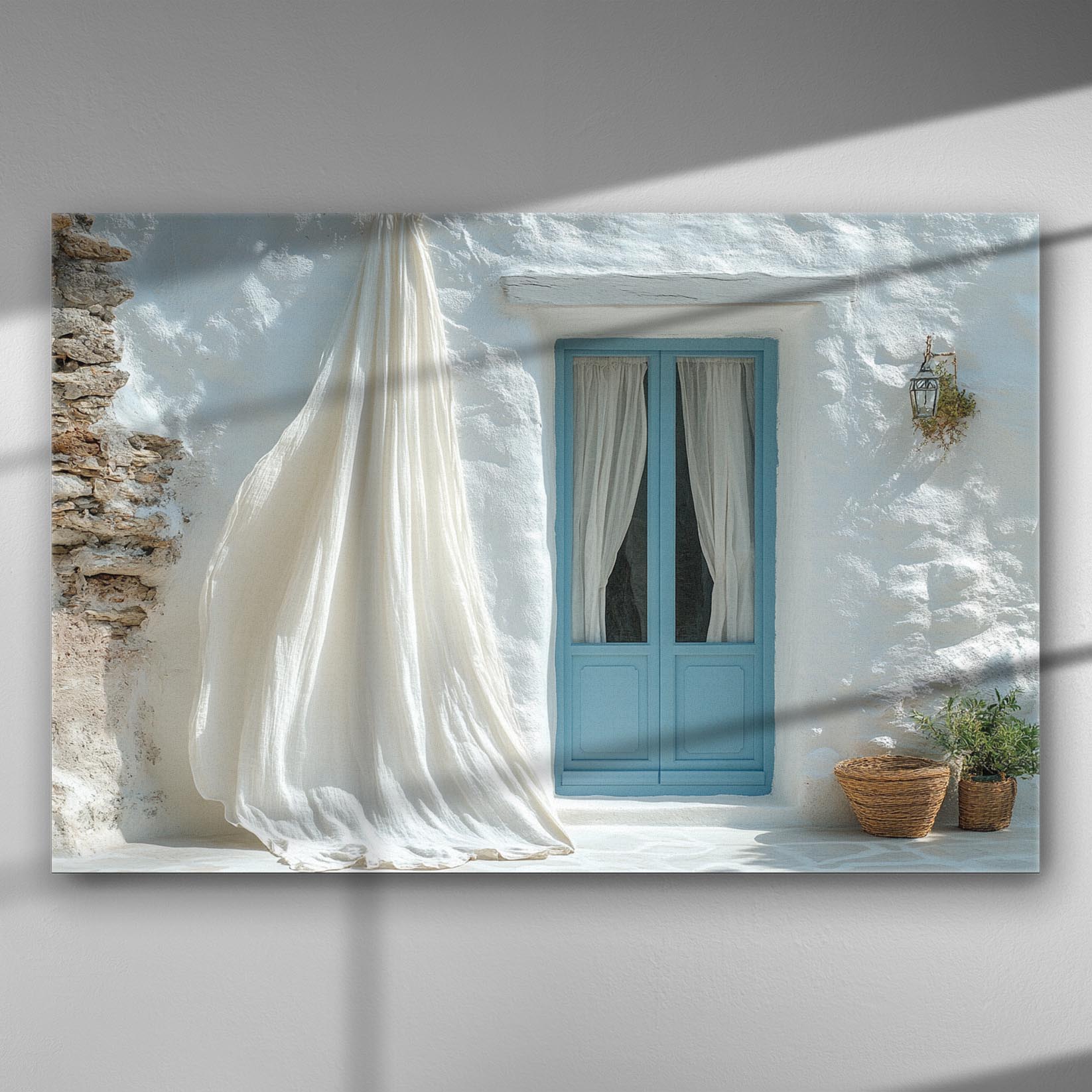 Greek island house with white walls and blue door on canvas, serene and peaceful atmosphere