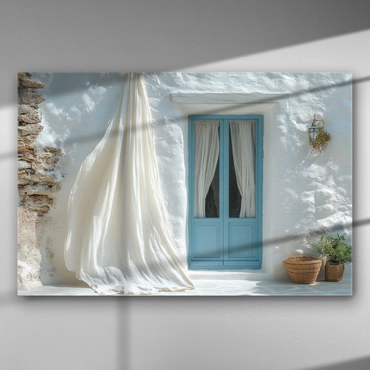 Greek island house with white walls and blue door on canvas, serene and peaceful atmosphere
