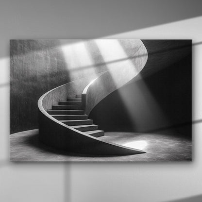 A black and white image of a spiral staircase with beams of light.