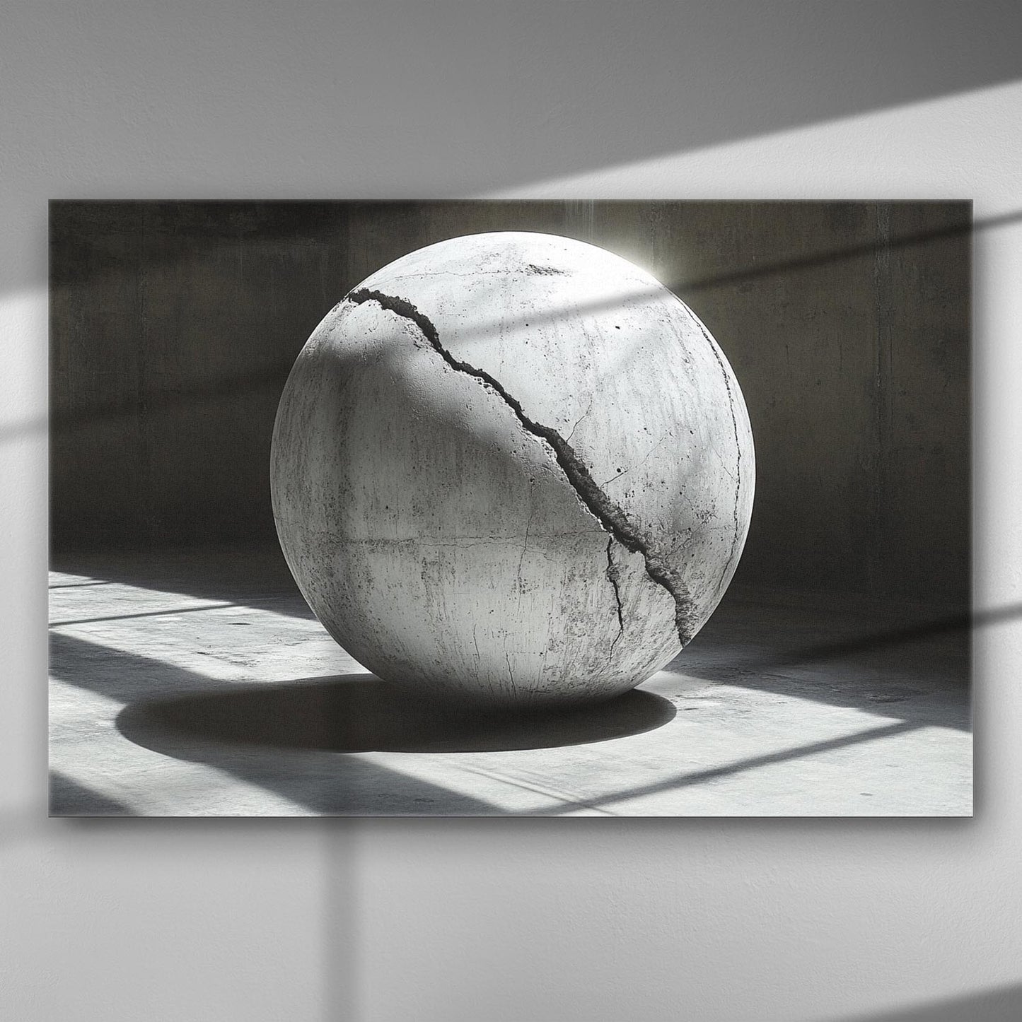 A large cracked sphere in a minimalist setting with dramatic lighting and shadows.