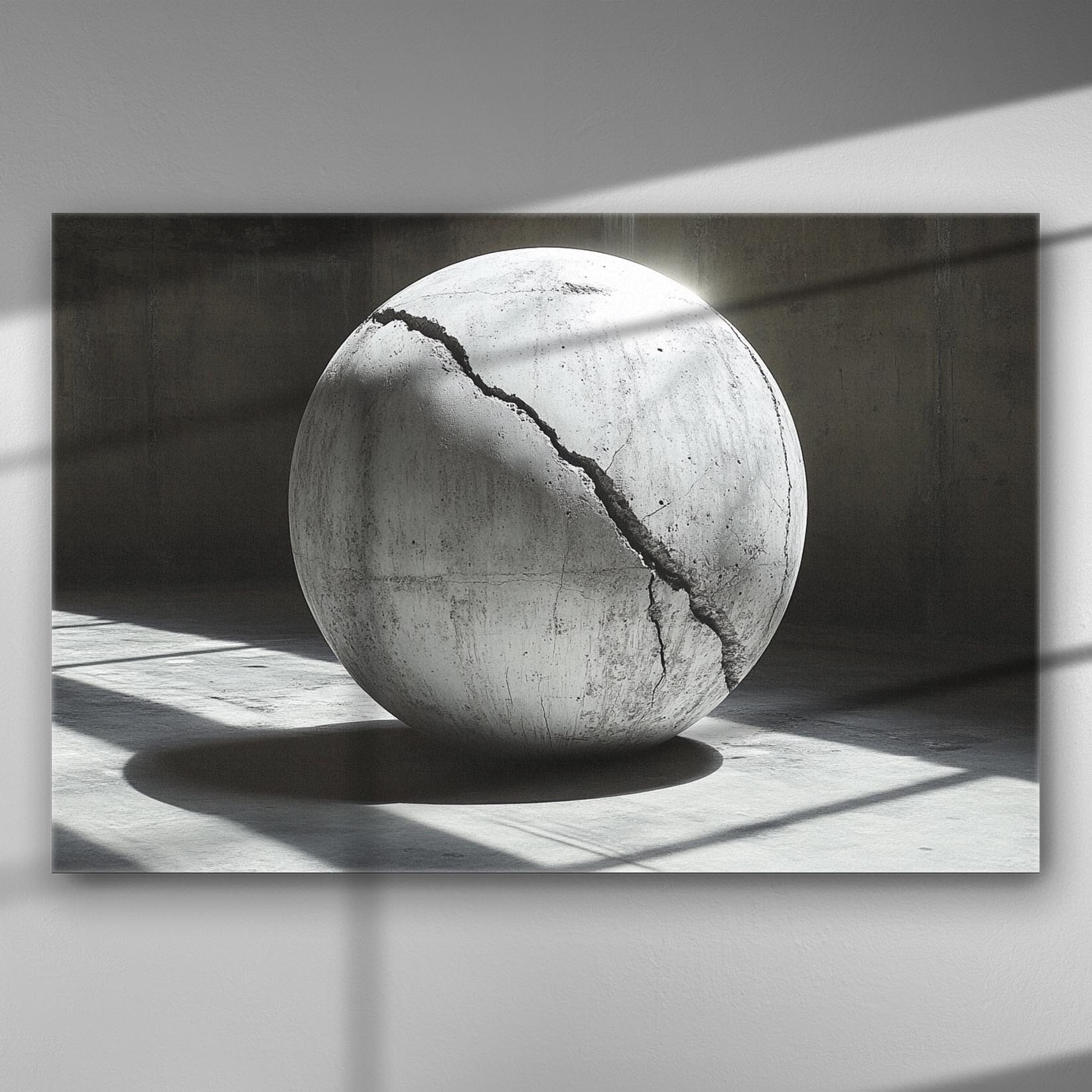 A large cracked sphere in a minimalist setting with dramatic lighting and shadows.