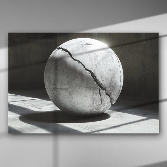 A large cracked sphere in a minimalist setting with dramatic lighting and shadows.