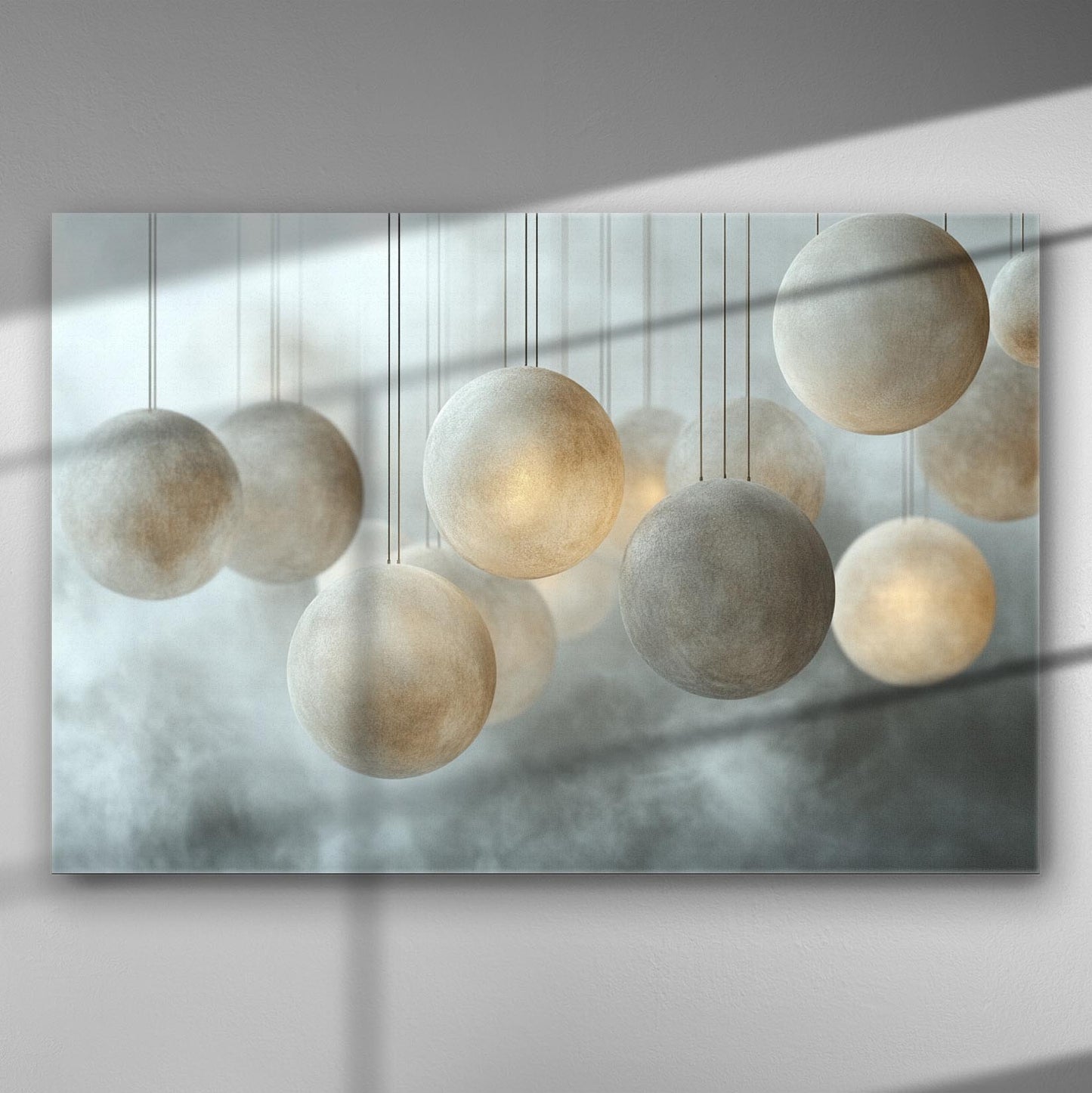 Canvas print featuring ethereal light spheres in soft tones, perfect for modern decor.