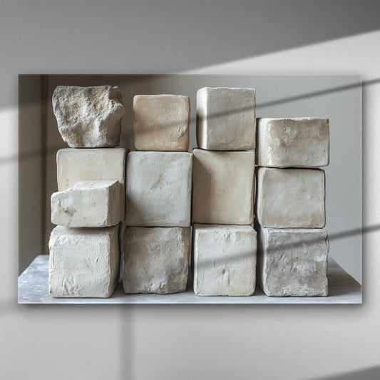 Abstract composition of stone cubes on canvas.