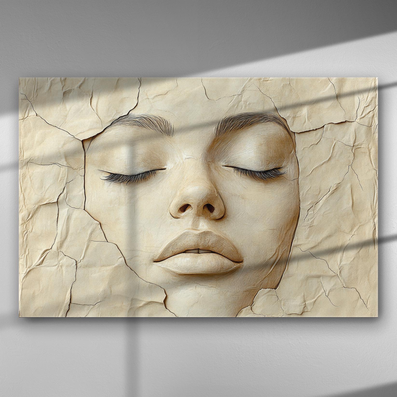 Abstract art canvas depicting a serene female face with closed eyes on a cracked surface.