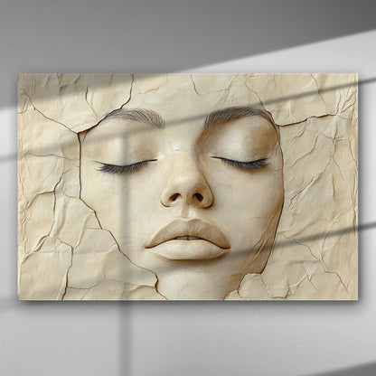 Abstract art canvas depicting a serene female face with closed eyes on a cracked surface.