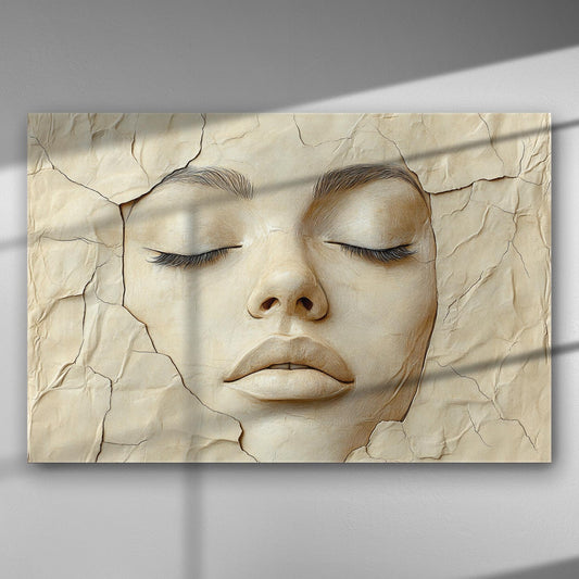 Abstract art canvas depicting a serene female face with closed eyes on a cracked surface.