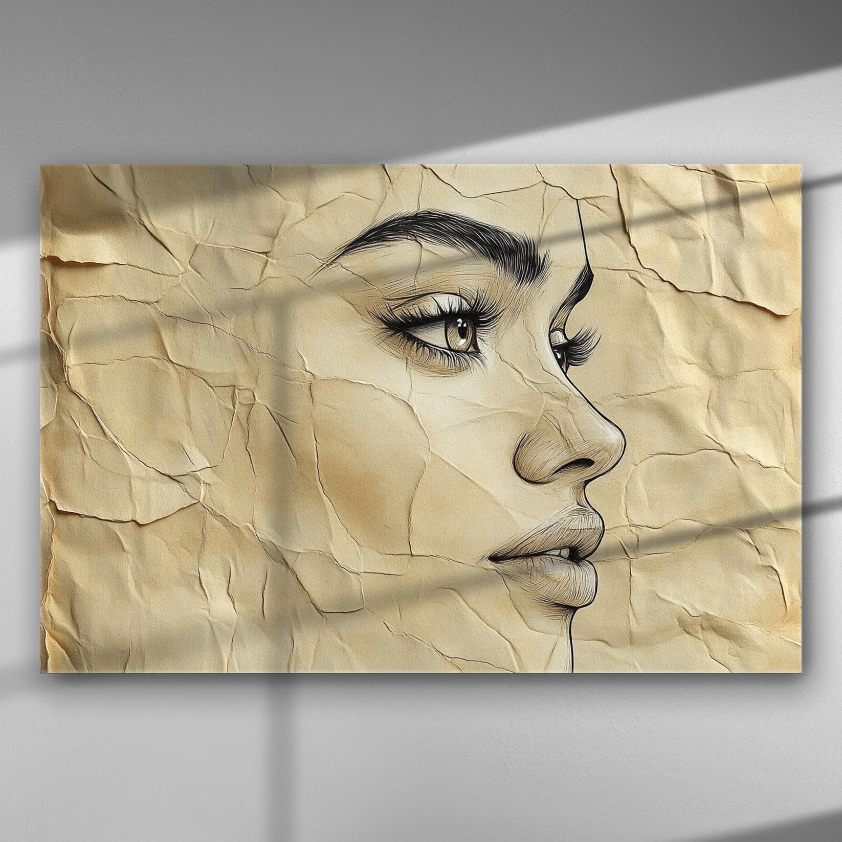 Abstract female figure on textured paper canvas art.