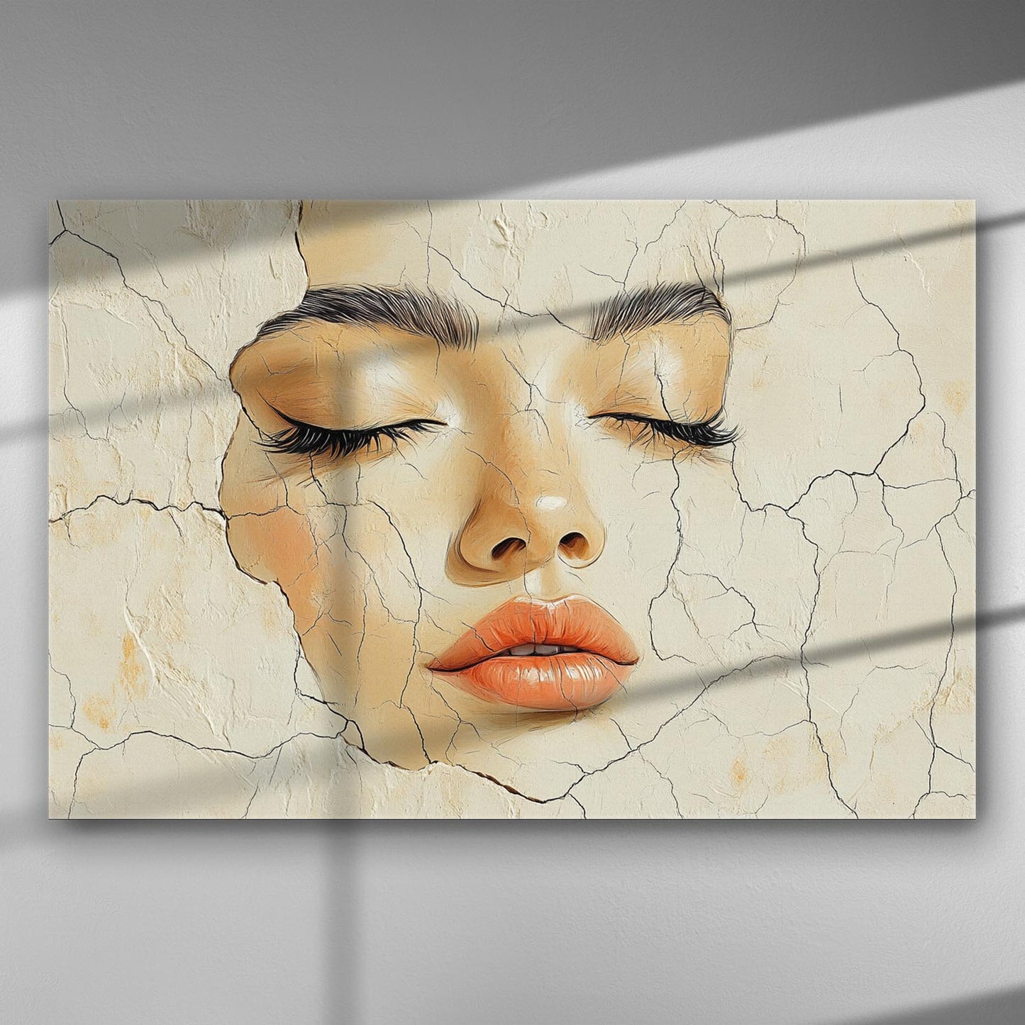A canvas print of a serene woman's face with cracked texture, featuring closed eyes and calm expression.