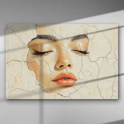 A canvas print of a serene woman's face with cracked texture, featuring closed eyes and calm expression.