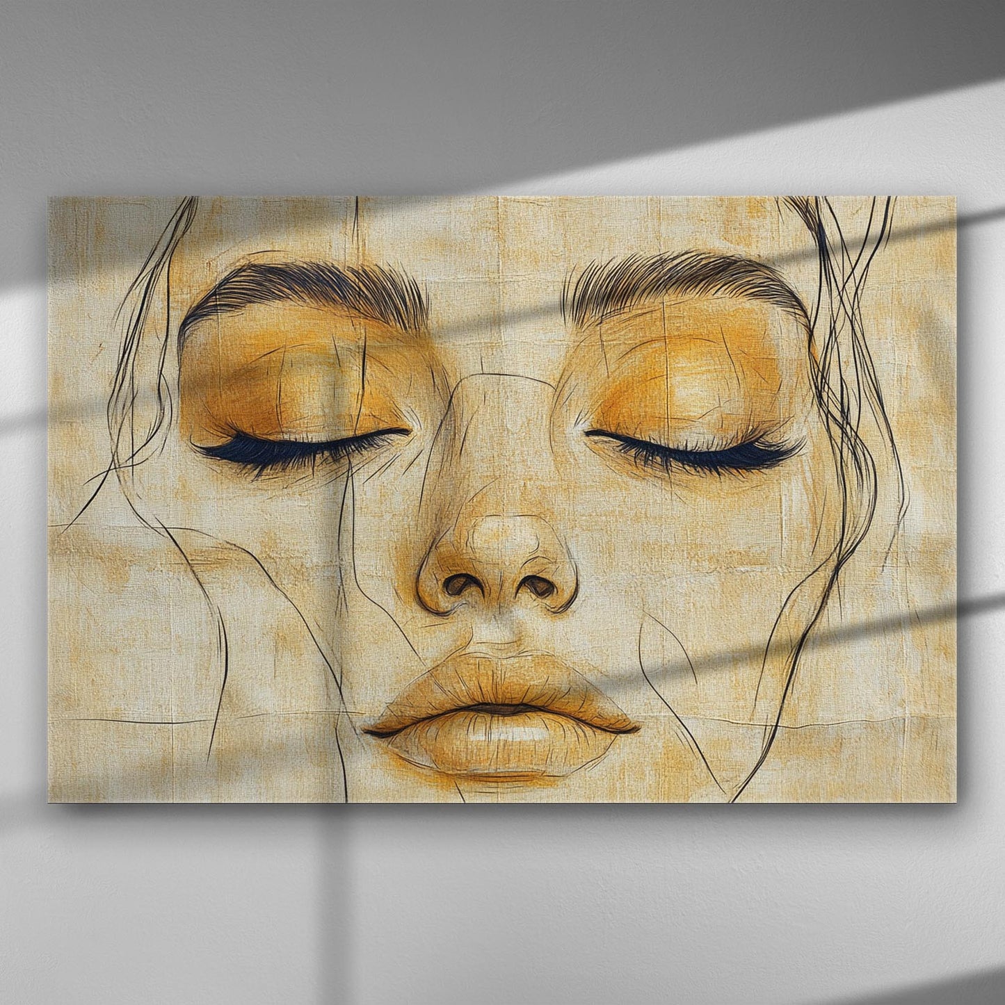 Portrait of a serene woman with closed eyes in soft orange tones on canvas