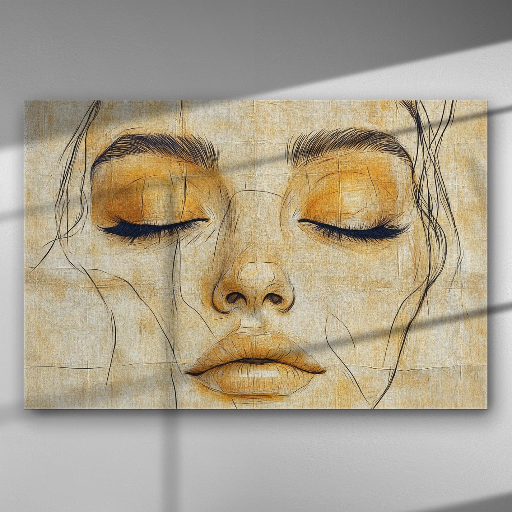Portrait of a serene woman with closed eyes in soft orange tones on canvas