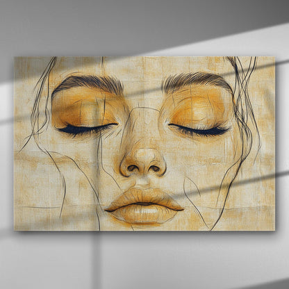 Portrait of a serene woman with closed eyes in soft orange tones on canvas