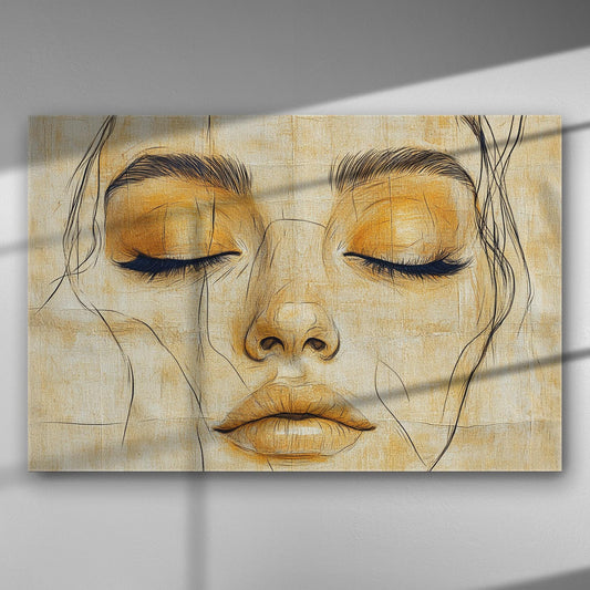 Portrait of a serene woman with closed eyes in soft orange tones on canvas