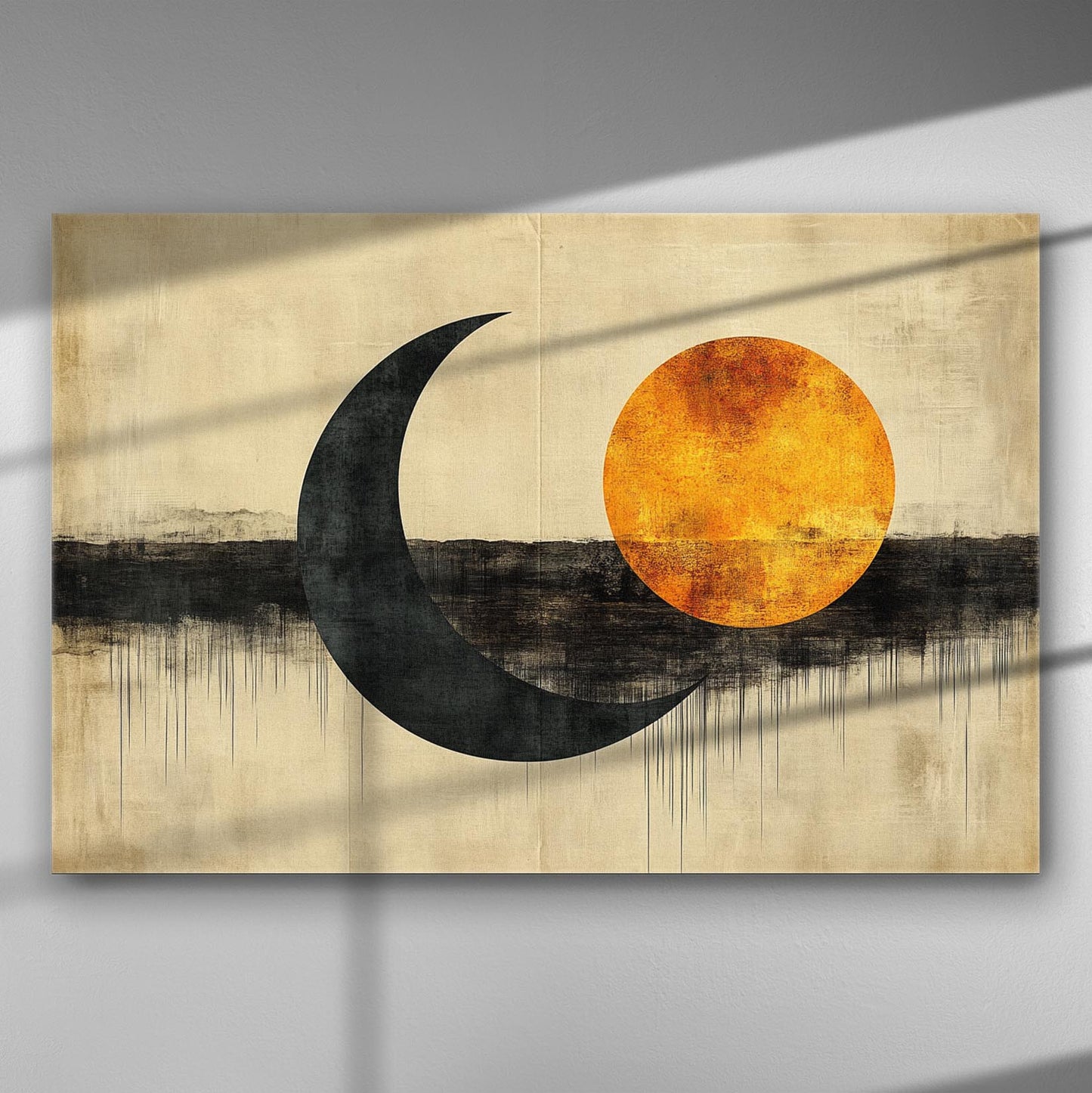 Abstract image of a crescent moon with a sun on canvas.