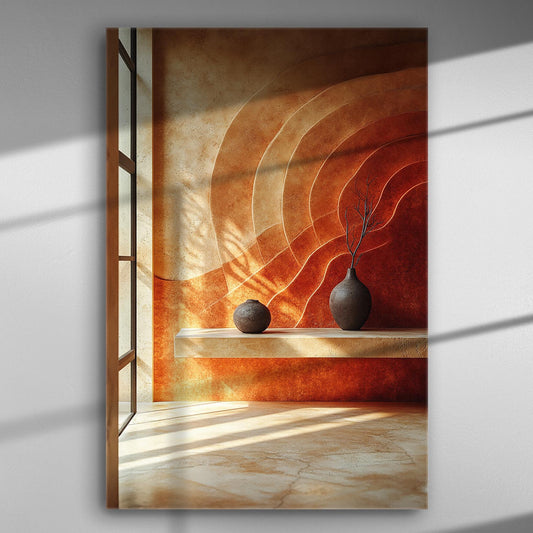 Canvas print with two vases on a shelf, warm orange and brown tones with sunlight.