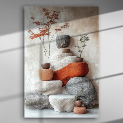 Canvas print featuring stones and potted plants in harmonious natural tones.