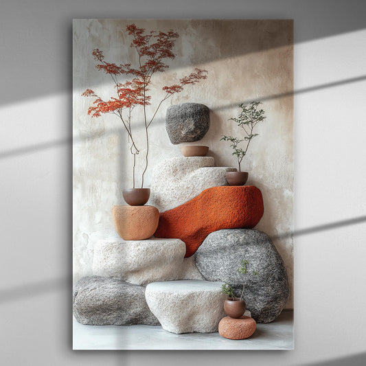 Canvas print featuring stones and potted plants in harmonious natural tones.