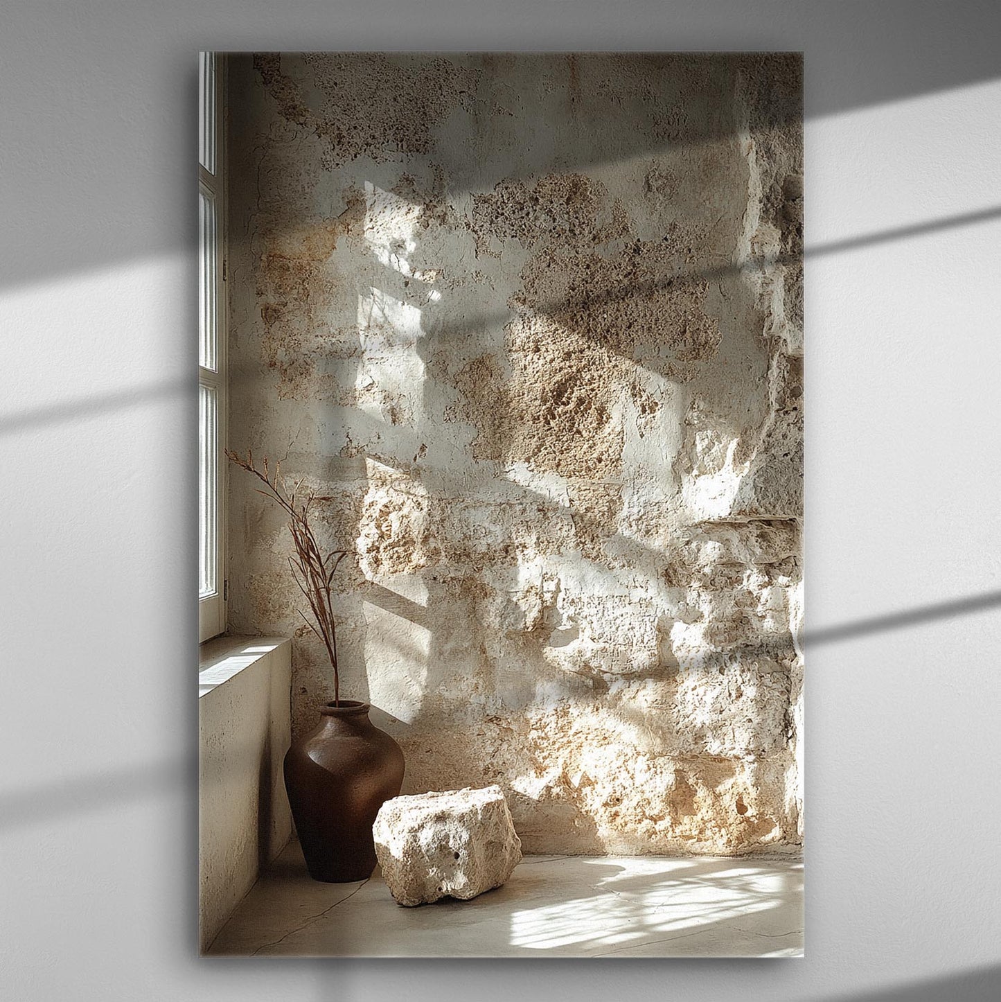 A rustic corner with light streaming through a window onto a stone wall with a vase and rock.