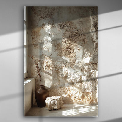A rustic corner with light streaming through a window onto a stone wall with a vase and rock.