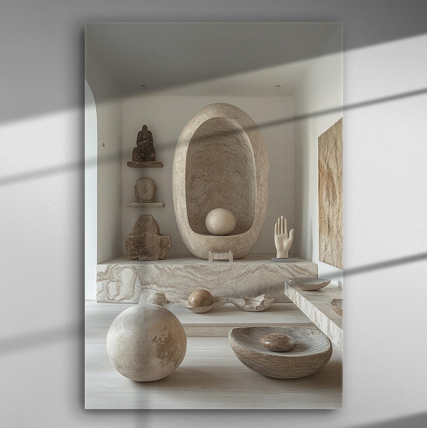 Stone sculptures and objects artistically arranged in a minimalist setting.