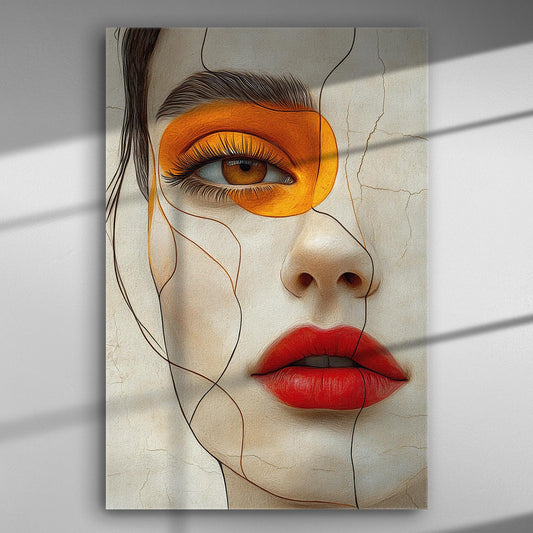 Artistic canvas print of a woman's face with orange and red hues; modern aesthetic.