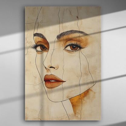 Modern artistic depiction of a woman's face with delicate lines and cracks on a canvas.