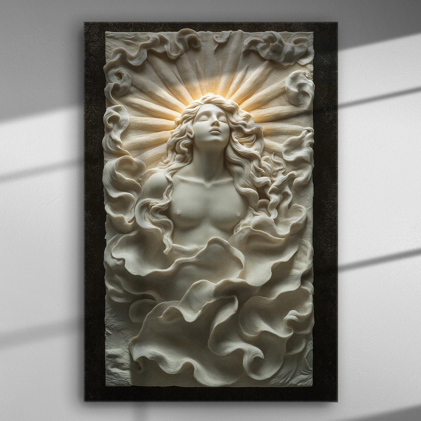 Elegant artistic representation of a divine figure emerging from clouds on a canvas print.
