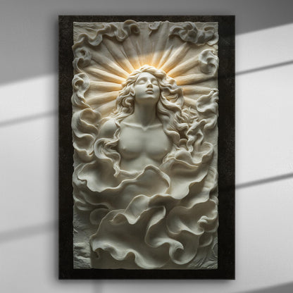 Elegant artistic representation of a divine figure emerging from clouds on a canvas print.