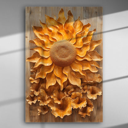 3D sunflower relief on canvas with wooden texture and bright orange hues.