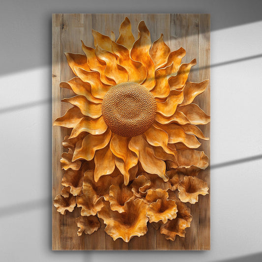 3D sunflower relief on canvas with wooden texture and bright orange hues.