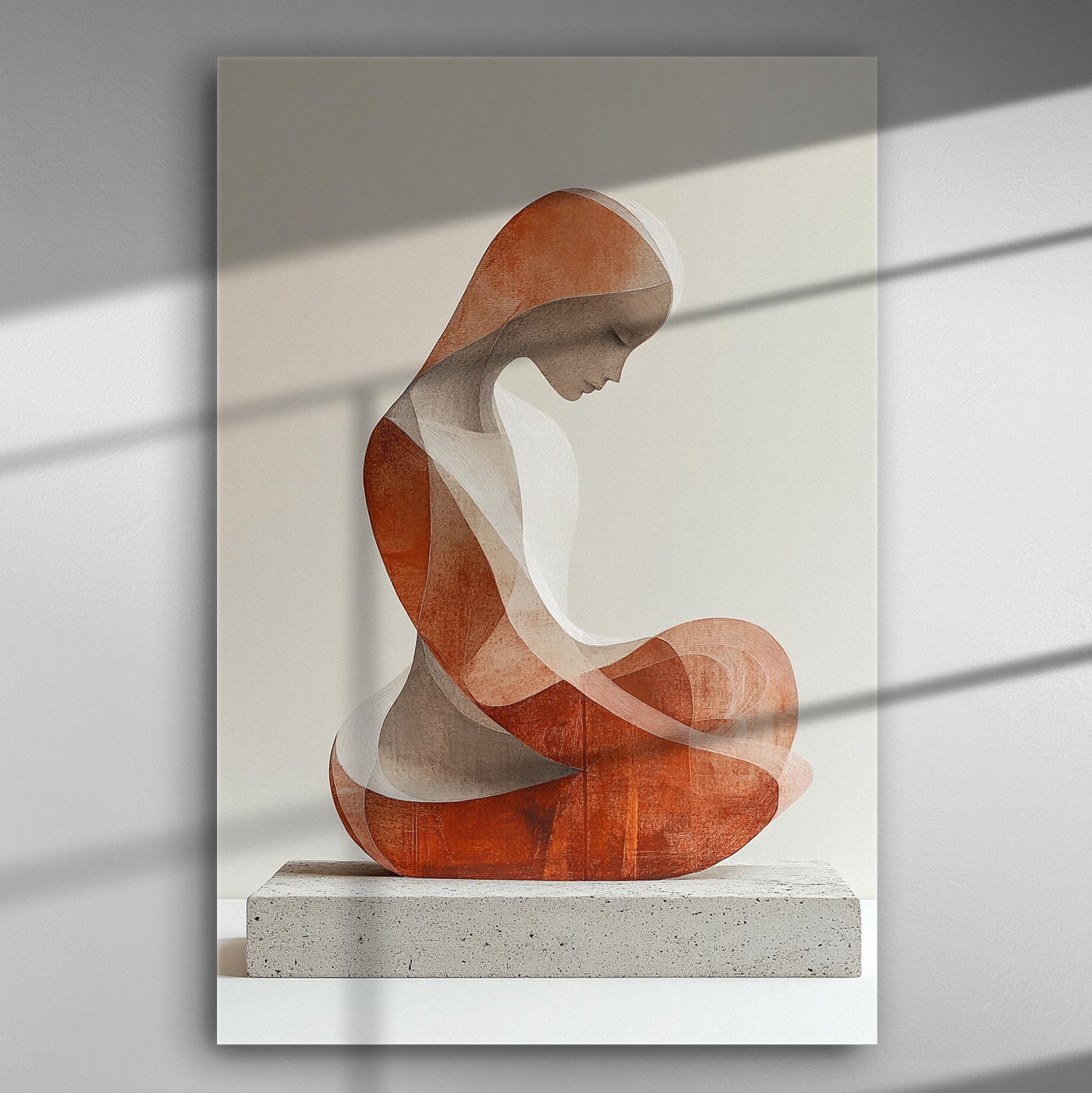 Abstract art of a female figure in red and white tones on a canvas print.