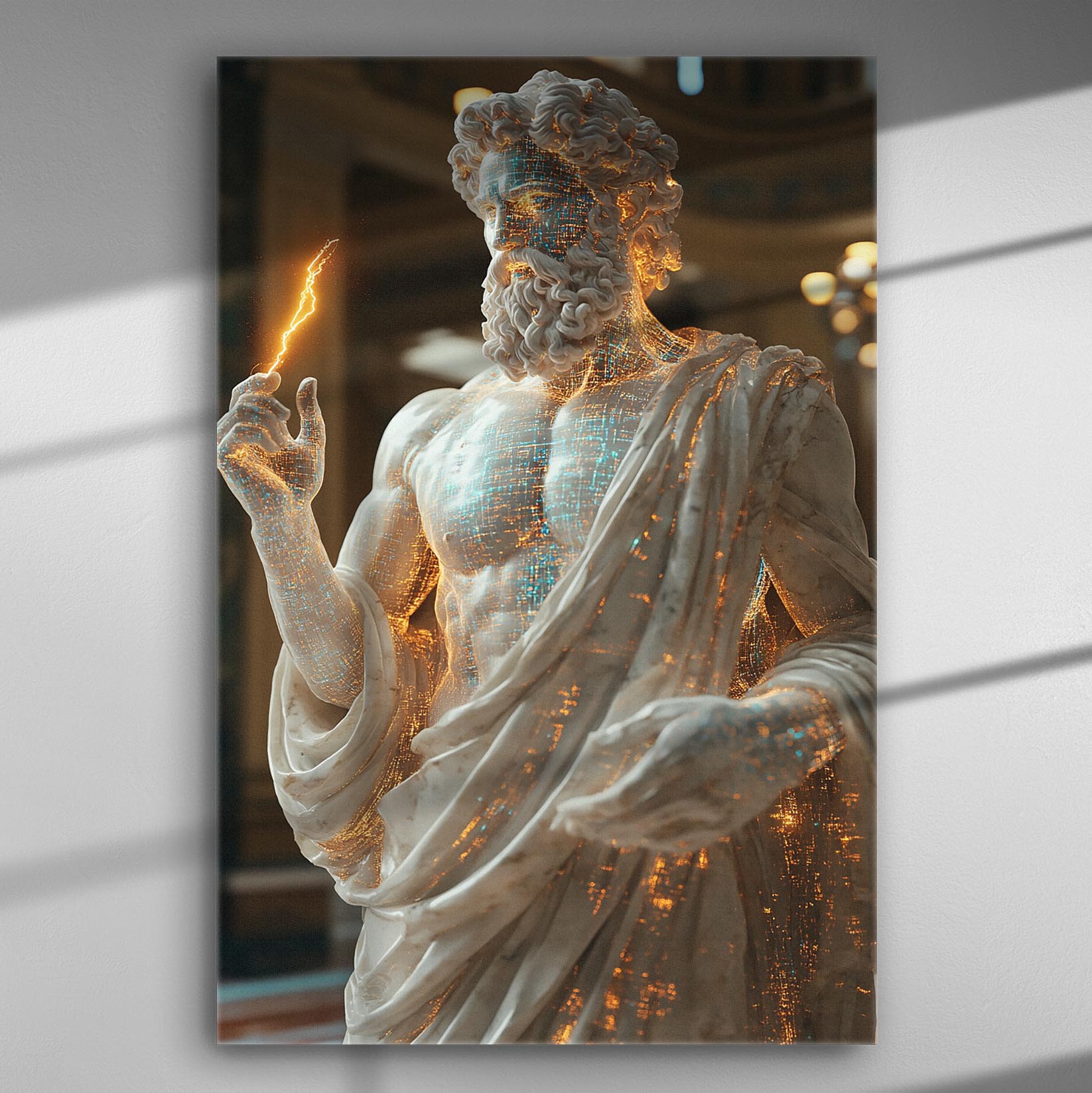 Canvas print of a marble statue of Zeus holding a lightning bolt with digital effects.
