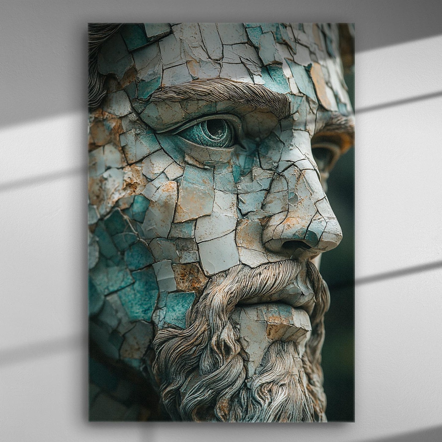 Close-up of a mosaic-like ancient face artwork with green and rust tones on canvas