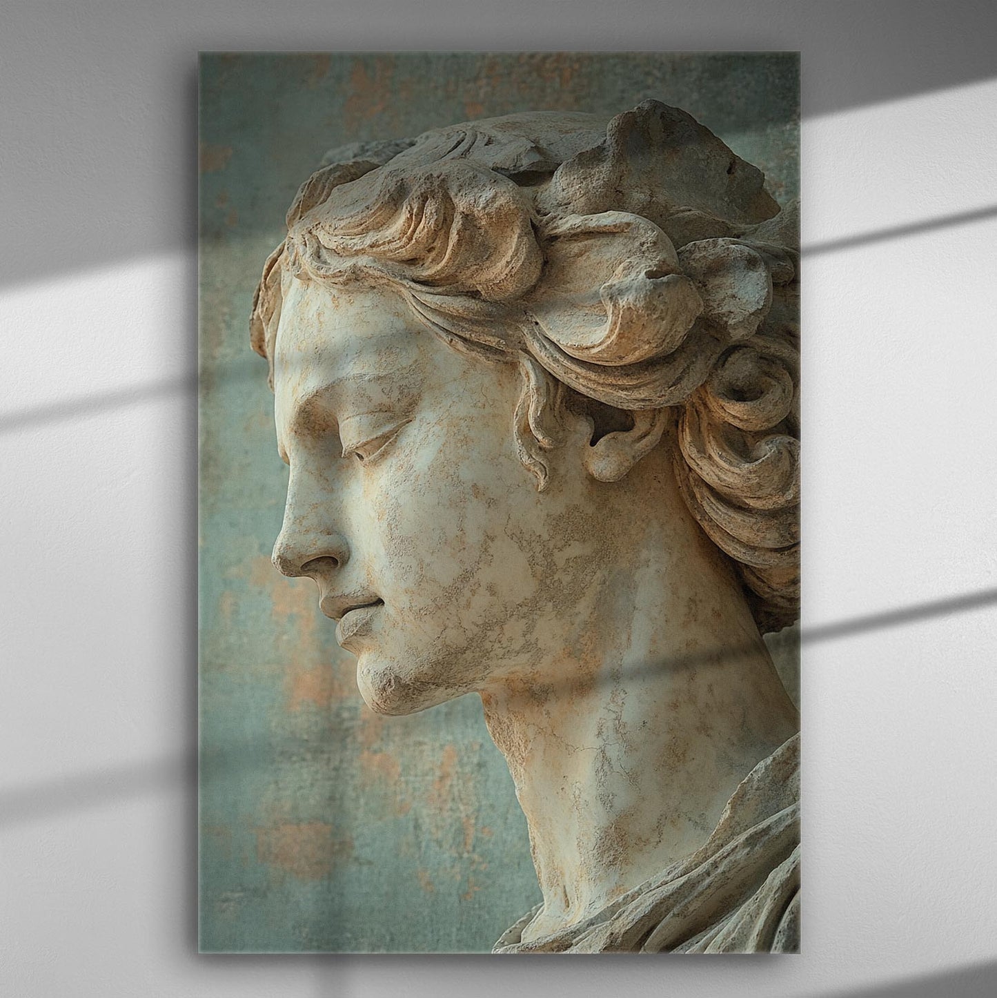 Close-up of an ancient sculpture's serene face on a canvas with a blue background.