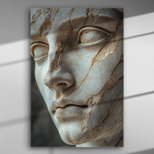 Close-up of an ancient Greek marble bust with detailed cracks and soft lighting.