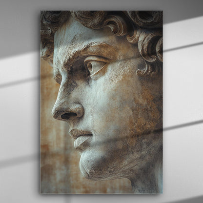 Close-up of a classical sculpture's face with intricate details captured on canvas.
