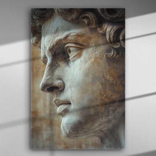 Close-up of a classical sculpture's face with intricate details captured on canvas.