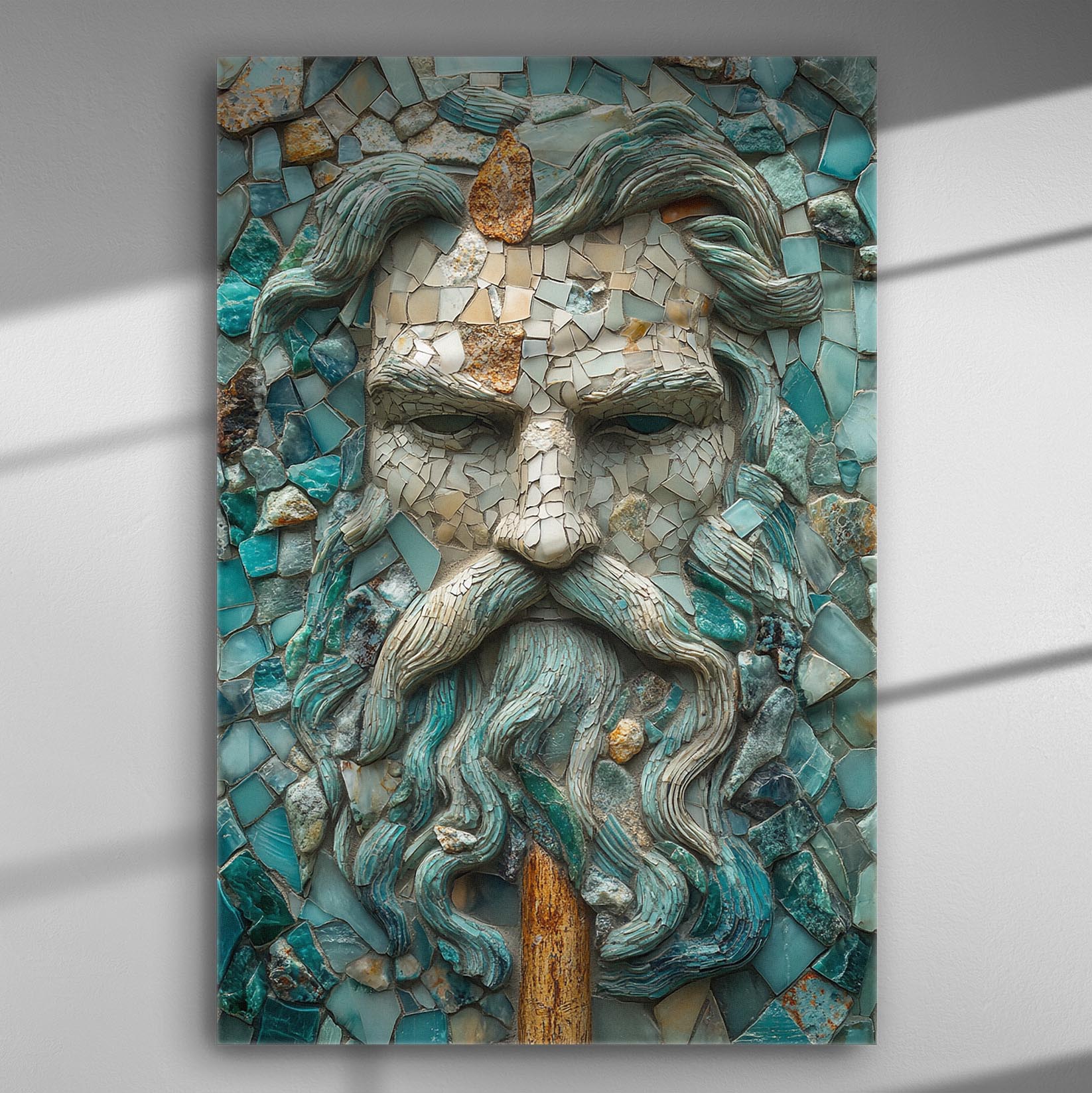 Mosaic depiction of Poseidon with teal and earthy tones on canvas.