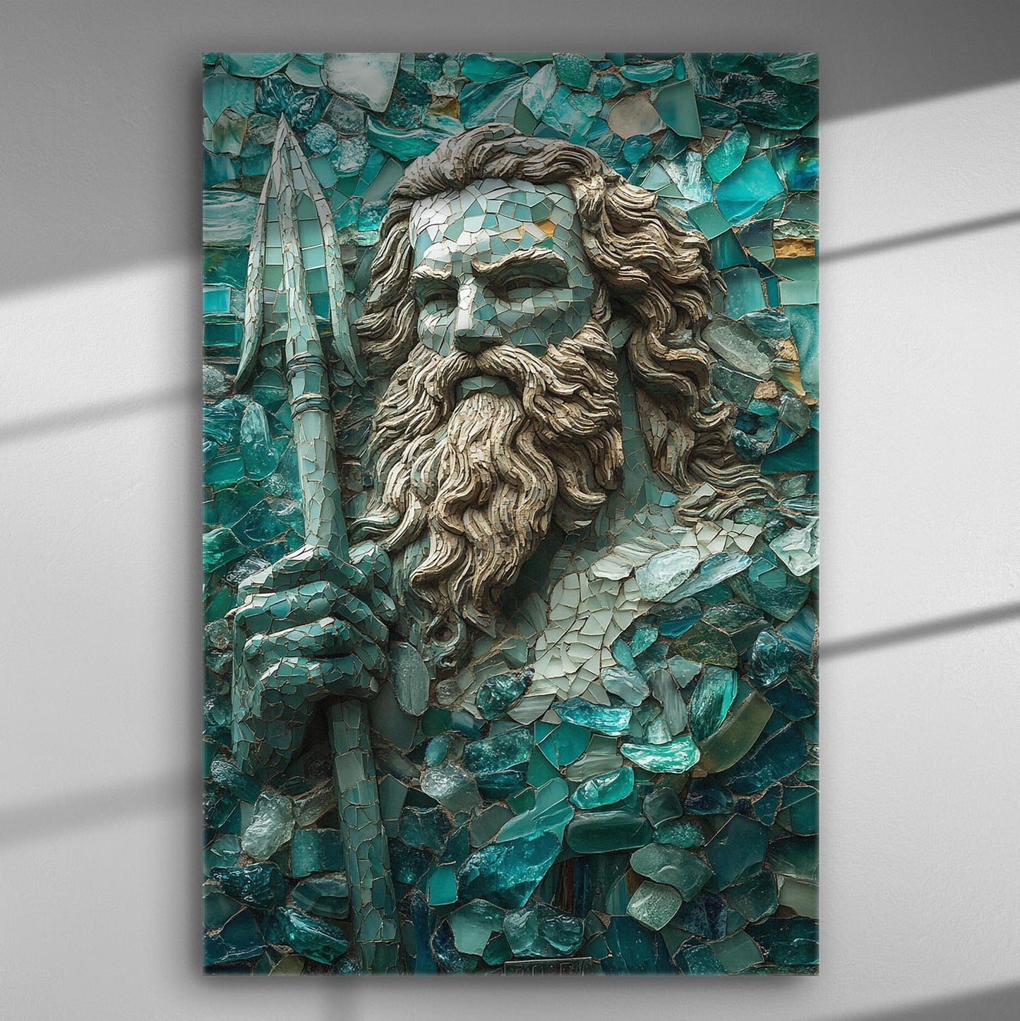 Canvas art of Poseidon, the Greek god of the sea, in shades of blue and turquoise.