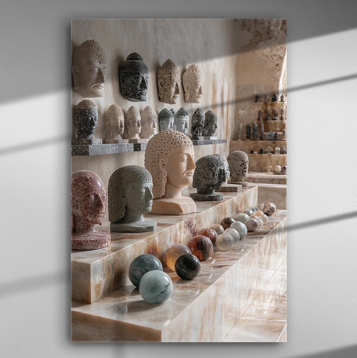 Marble sculptures and spheres displayed in a gallery setting on a canvas print.
