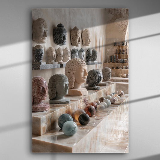Marble sculptures and spheres displayed in a gallery setting on a canvas print.
