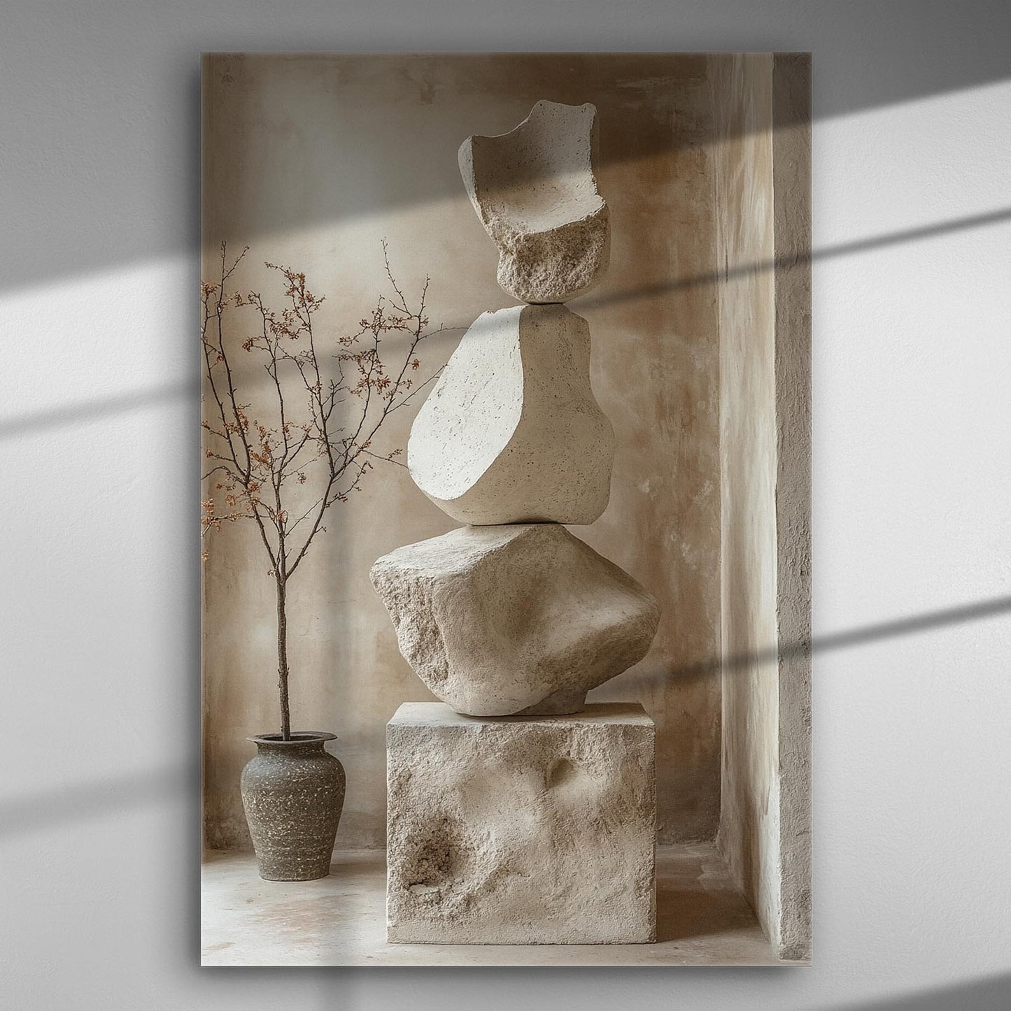 A beautifully balanced arrangement of stone elements with a vase and budding tree in muted tones, creating a peaceful and elegant scene.