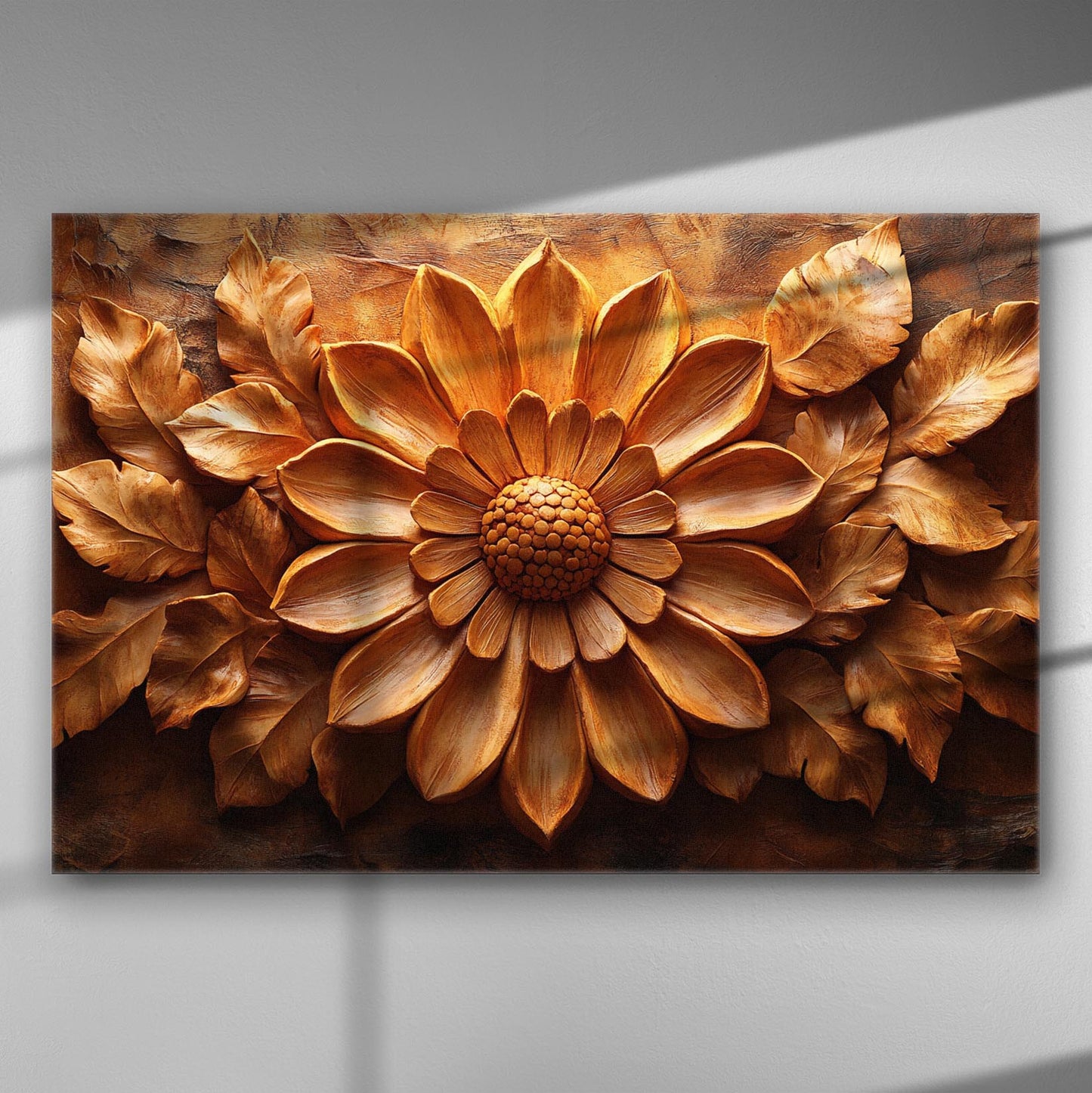 3D flower relief art on canvas with warm earthy tones depicting a detailed floral design.