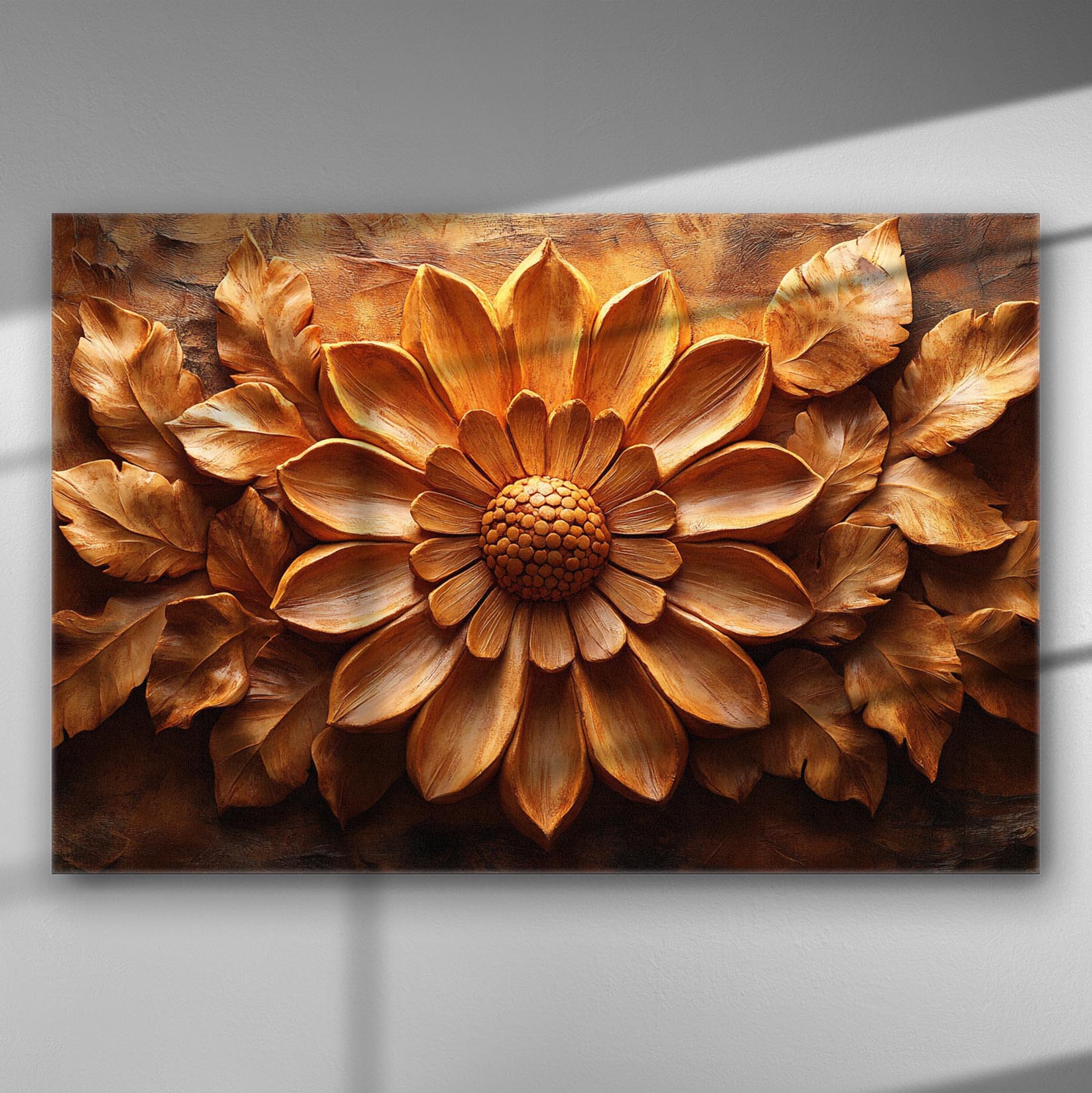 3D flower relief art on canvas with warm earthy tones depicting a detailed floral design.