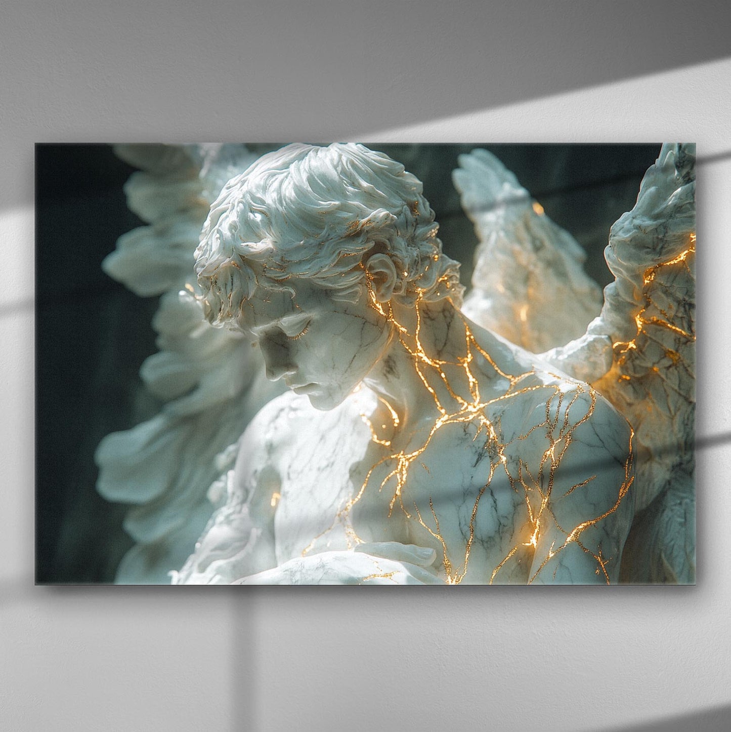 Sculpture of an angel with golden lines glowing on the surface, displayed on a canvas.
