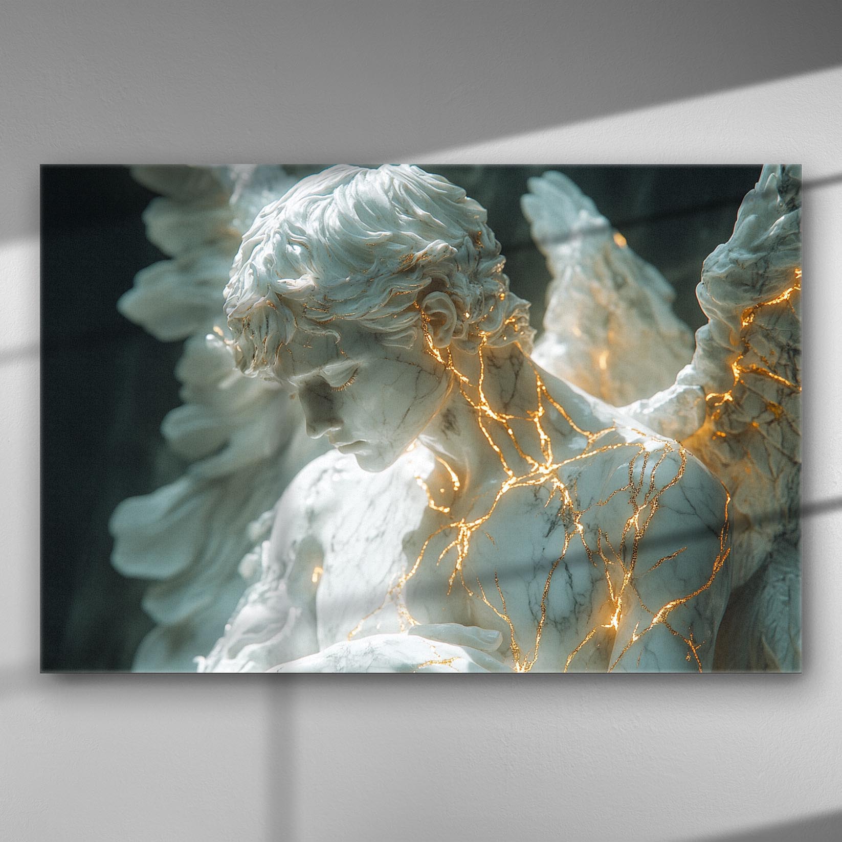 Sculpture of an angel with golden lines glowing on the surface, displayed on a canvas.